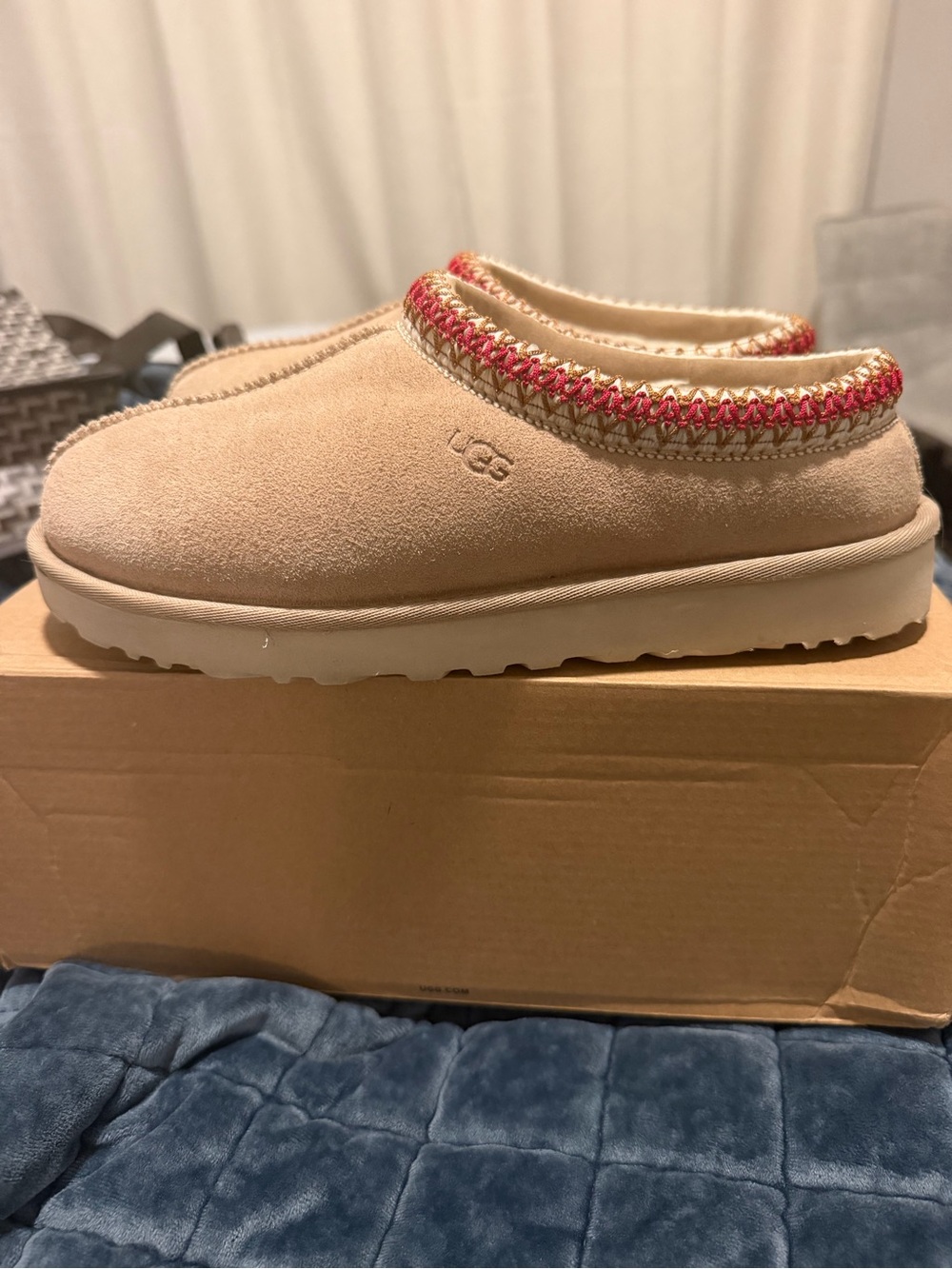 UGG Tasman Suede Slip-On Clog in Beige with Red Accent
